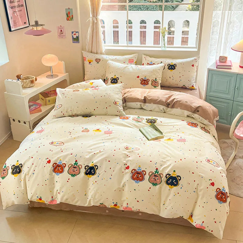 DecorBites™ Cotton Cartoon Printed Bed Set with Non-Fading Floral Patterns for Adults