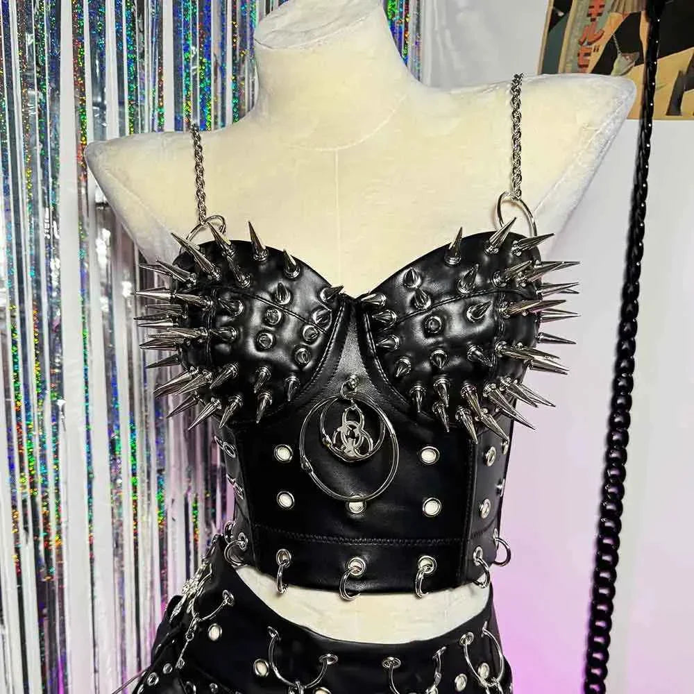 Goth Top with Spikes Grunge PU Leather Tank T-shirt