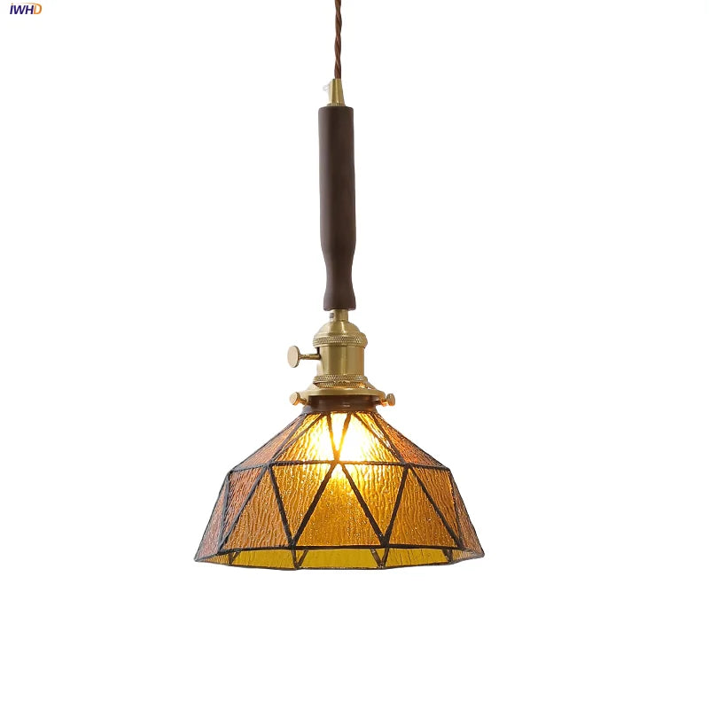 DecorBites™ LED Adjustable Pendant Light Fixture Amber Glass Walnut Wood Bar Hanging Lamp
