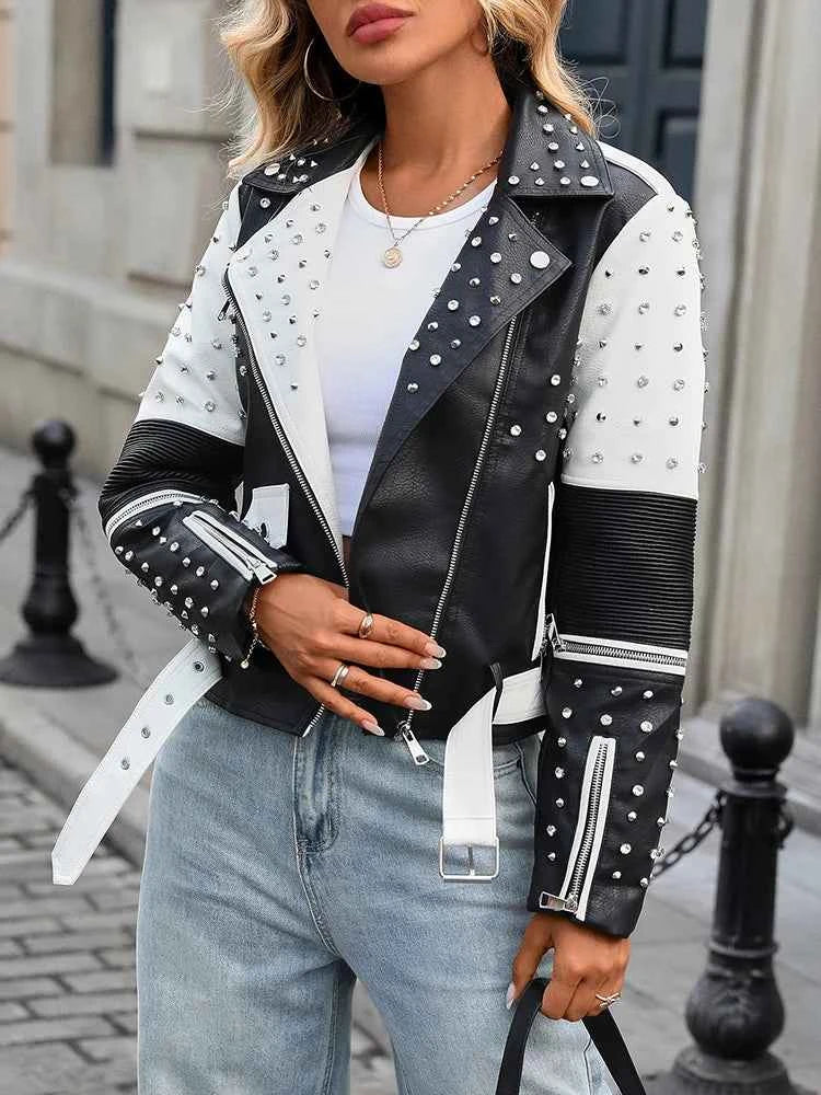 Women's Street Rivet Black White Faux Leather Jacket Moto Biker Punk Jacket