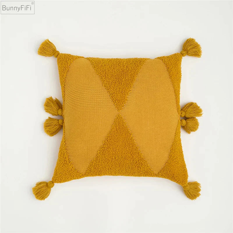 DecorBites™ Knitted Mustard Blue Tassel Cushion Cover for Home Sofa Bed Decor