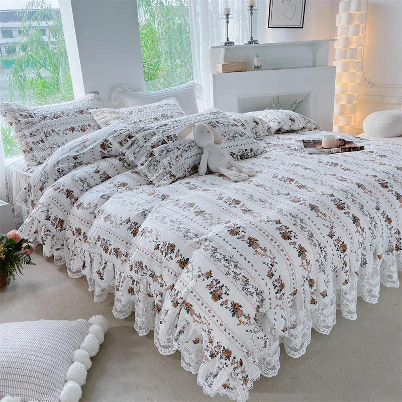 DecorBites™ French Floral Print Bedding Set: Duvet Cover, Lace Ruffles, Quilted Embroidery, Pillowcases