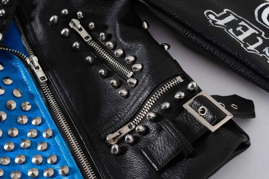 Faux Leather Jacket for Women Graffiti Print Punk Studded Slim Cropped Motorcycle Jackets