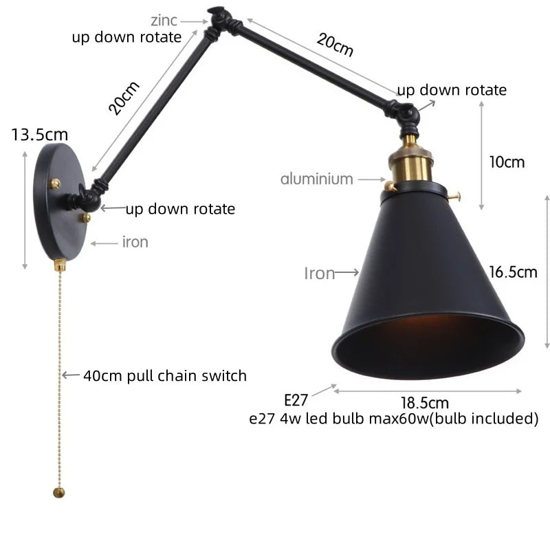 DecorBites™ LED Long Arm Wall Lamp with Pull Chain Switch for Home Hotel Bathroom