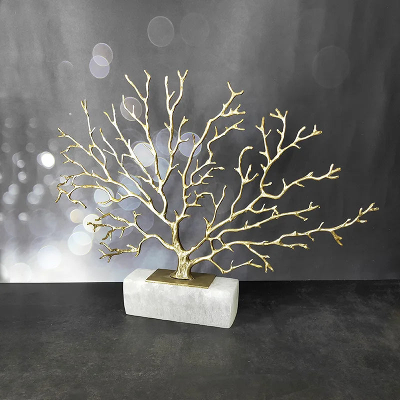 DecorBites™ Coral Tree Sculpture: Gold Metal Decorative Figurine on Marble Base