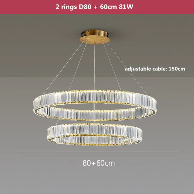 DecorBites™ Gold Crystal Round Ring Chandeliers with LED Pendant Light for Ceiling Lighting