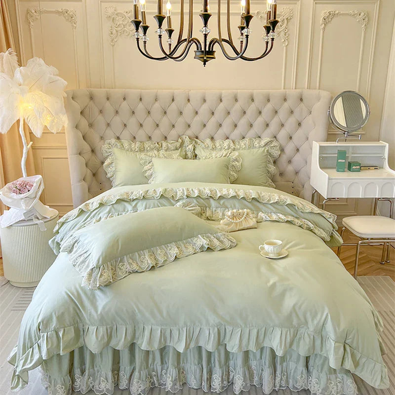 DecorBites™ Korean Princess Lace Ruffles Bedding Set in Bean Paste Pink