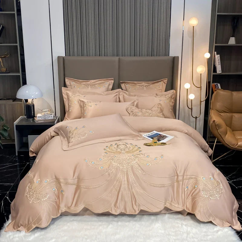 DecorBites™ Gold Feather Embroidery Egyptian Cotton Patchwork Bedding Set