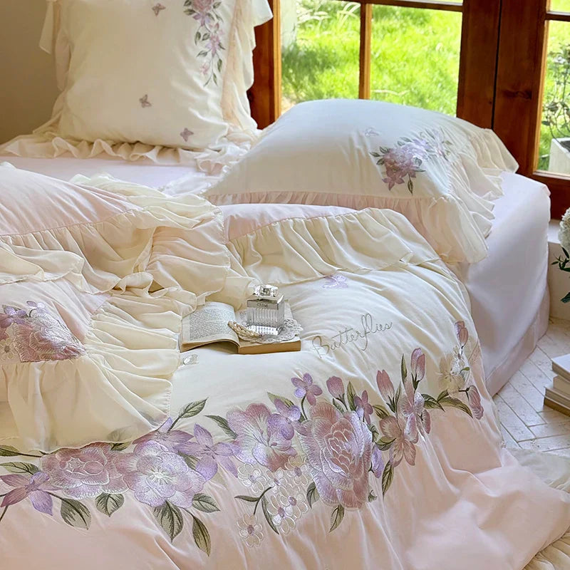 DecorBites™ Flowers Lace Ruffles Wedding Bedding Set 1000TC Egyptian Cotton Duvet Cover Set