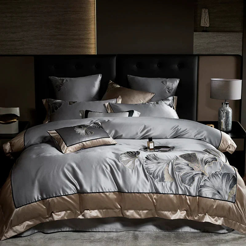 DecorBites™ Ginkgo Biloba Embroidery 1000TC Egyptian Cotton Bedding Set