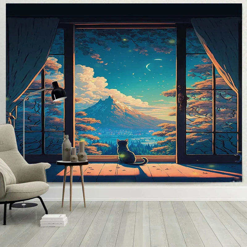 DecorBites™ Dreamy Window Cat Tapestry Landscape Wall Cloth for Bedroom & Living Room