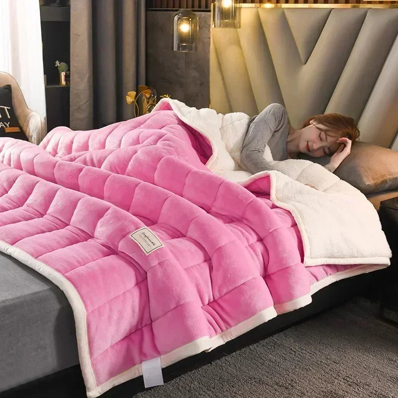 DecorBites™ Cozy Flannel Fleece Lambswool Blanket - 3 Layers, Warm & Soft for Bed.