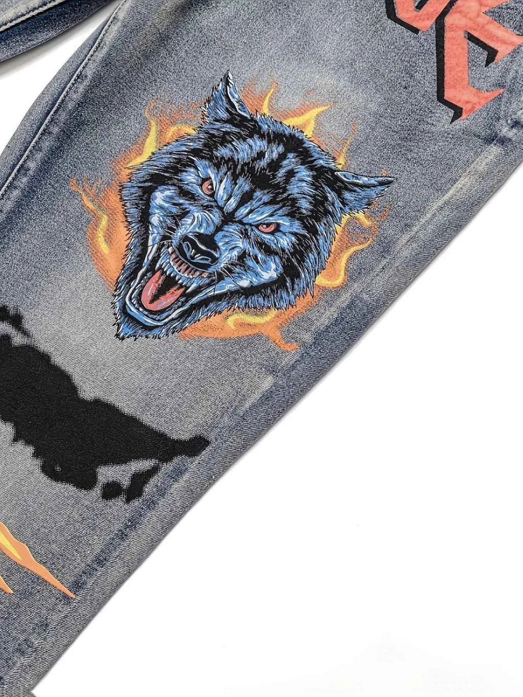 New M4 Wolf Head Flame Print Y2K Full Sweep Retro Trend Straight Pants