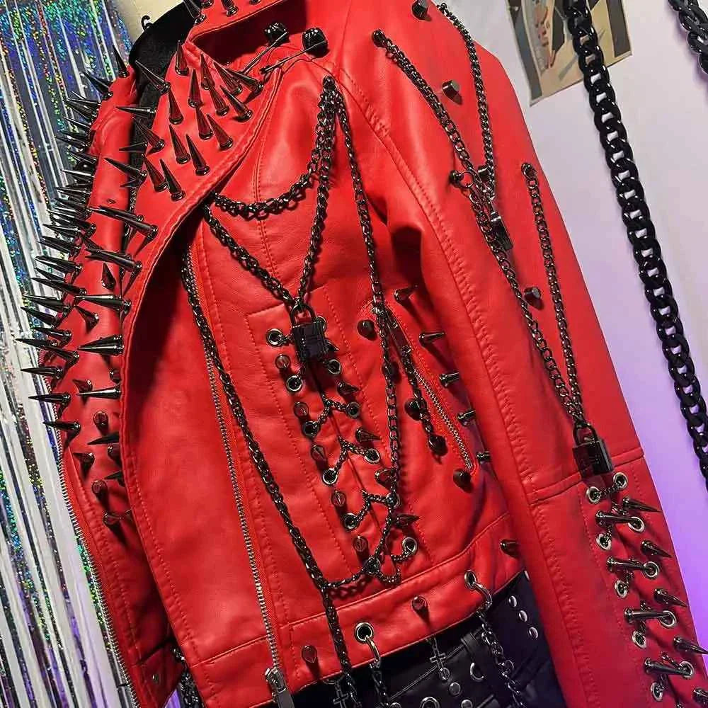 Women's Spiked Studded Rivet Goth Emo Pu Leather Jacket Grunge
