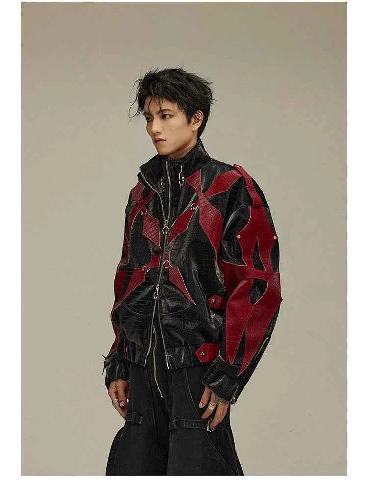 High Quality Crocodile Patchwork Pu Leather Coat Luxury Streetwear Men's Gothic Urban