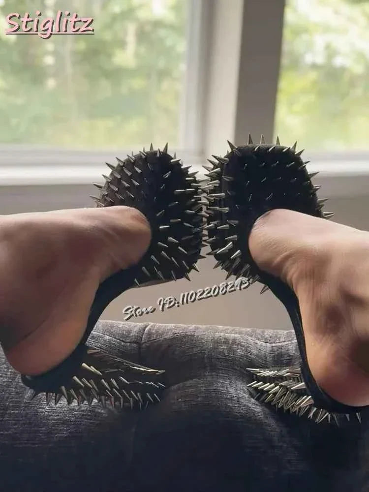 Spiked Square Toe Pumps Chunky High Heel Suede