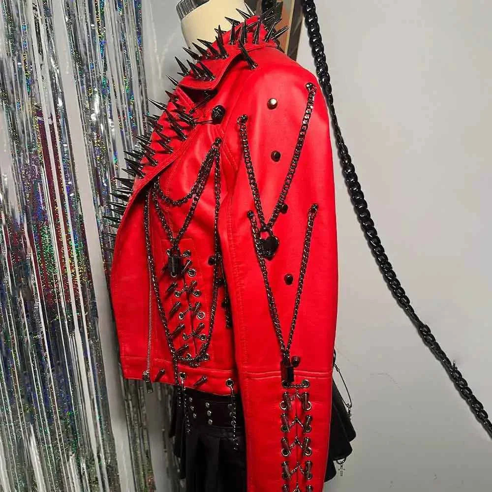 Women's Spiked Studded Rivet Goth Emo Pu Leather Jacket Grunge