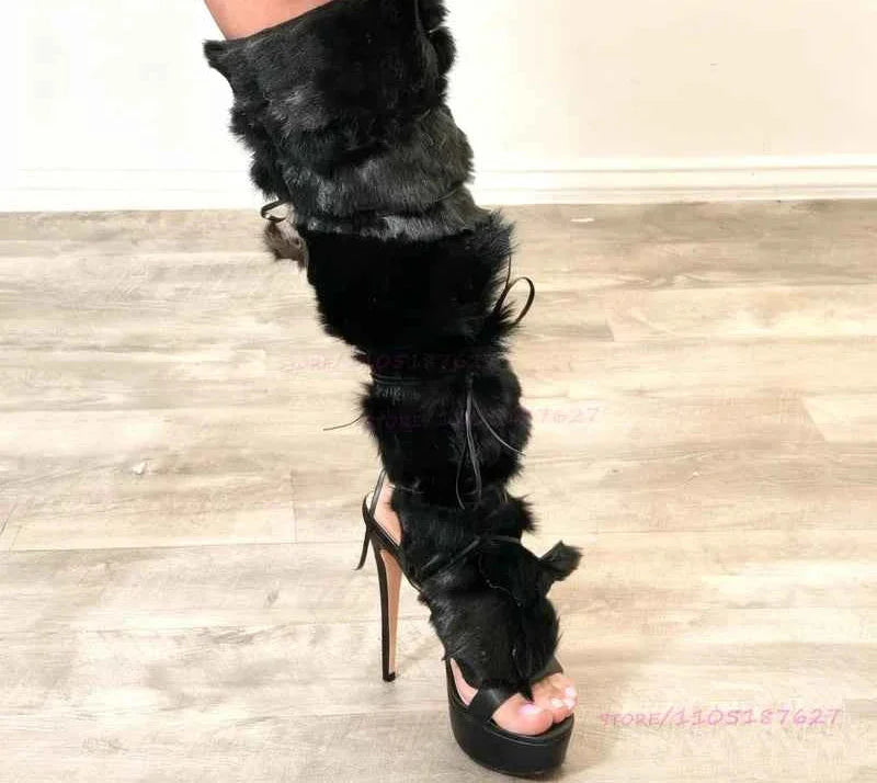 Long Plush Tassel Black Fur Women Fringe Thigh Boots