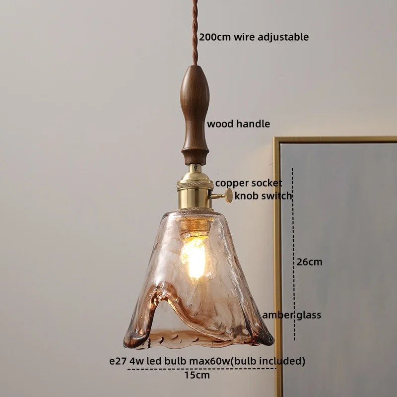 DecorBites™ Green Glass LED Pendant Lamp with Knob Switch, Copper Chandelier