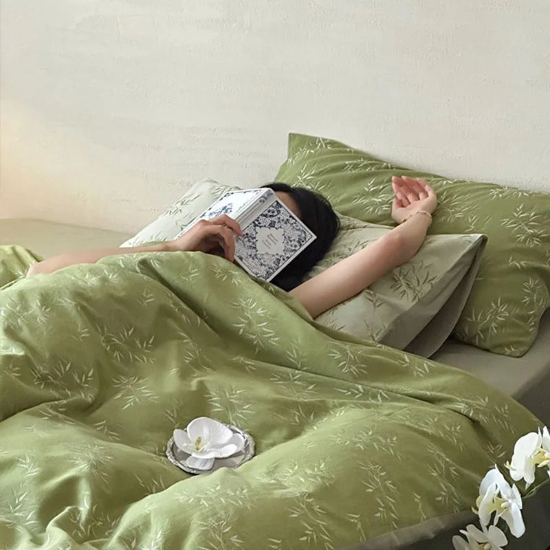 DecorBites™ Bamboo Leaf Jacquard Bedding Set: Soft & Comfortable Quilt Set, 100% Cotton, Green, Adult & Kids.