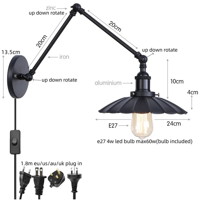 DecorBites™ Gold LED Industrial Wall Lamp with Pull Chain Switch