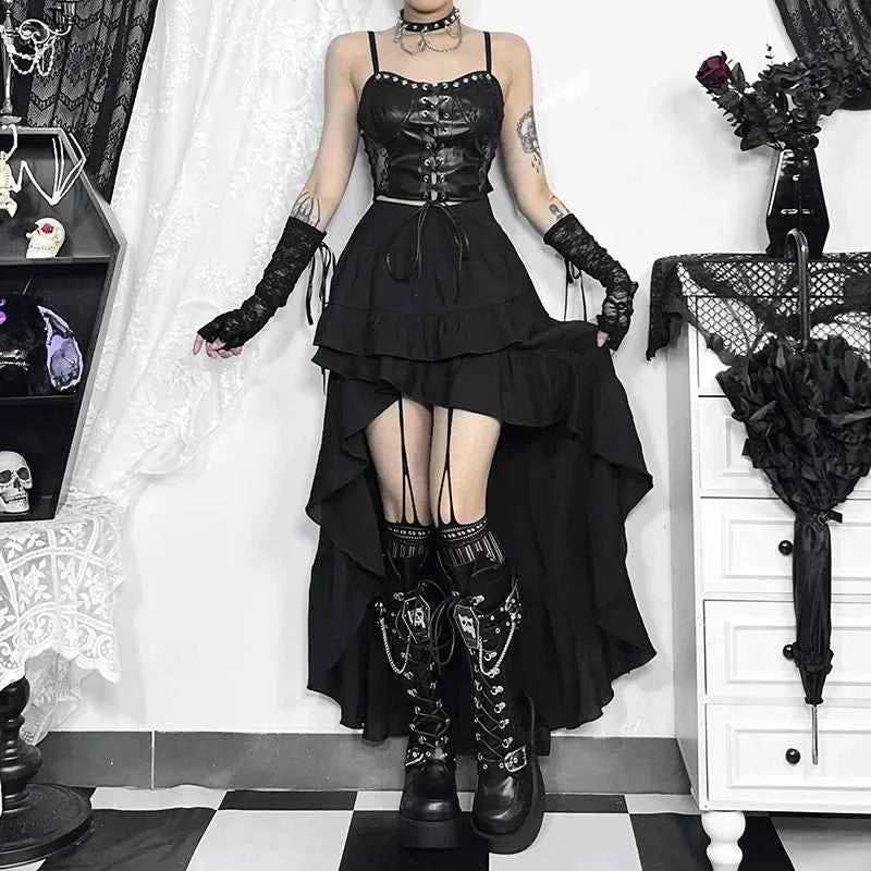 Goth Dark Kawaii Black Tiered Skirt 90S Retro Irregular Hem