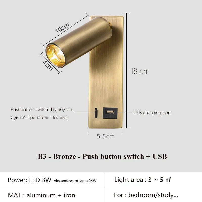 DecorBites™ Black Brass LED Wall Lamp Sconce with Switch and USB Port, 3W Spotlight