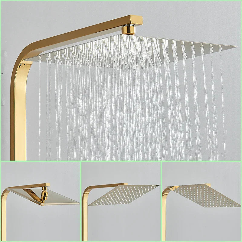 DecorBites™ Golden Thermostatic Shower Faucet Set with Rainfall Shower Column and 3-Way Mixer