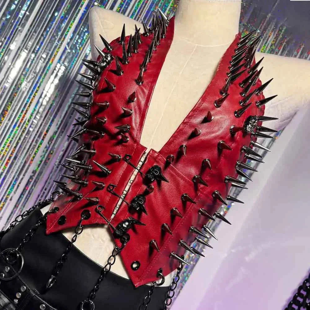 Emo Spike Studded Rivet PU Leather Halter T-shirt