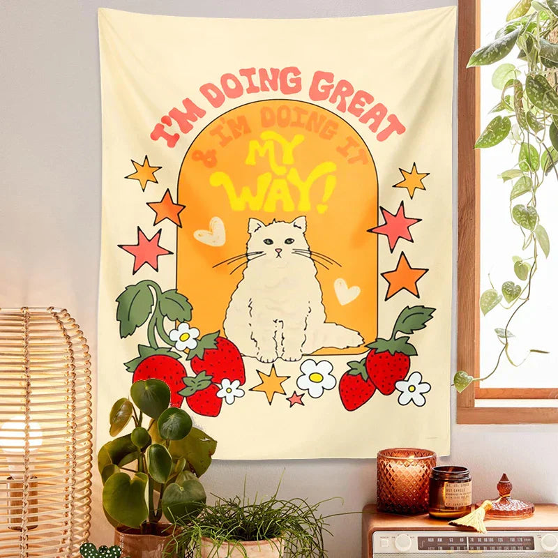DecorBites™ Cute Cat Star Strawberry Tapestry Wall Hanging for Boho Home Decor