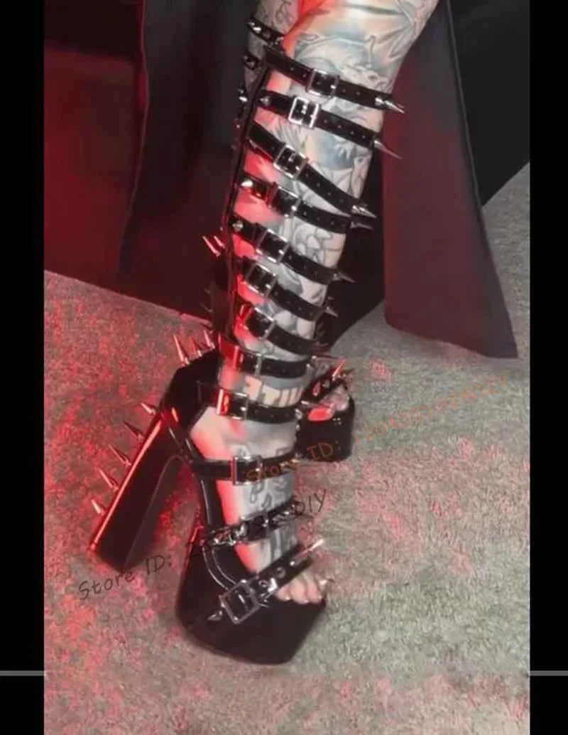 Punk Gladiator Summer Boots Women's Black Leather Studs
