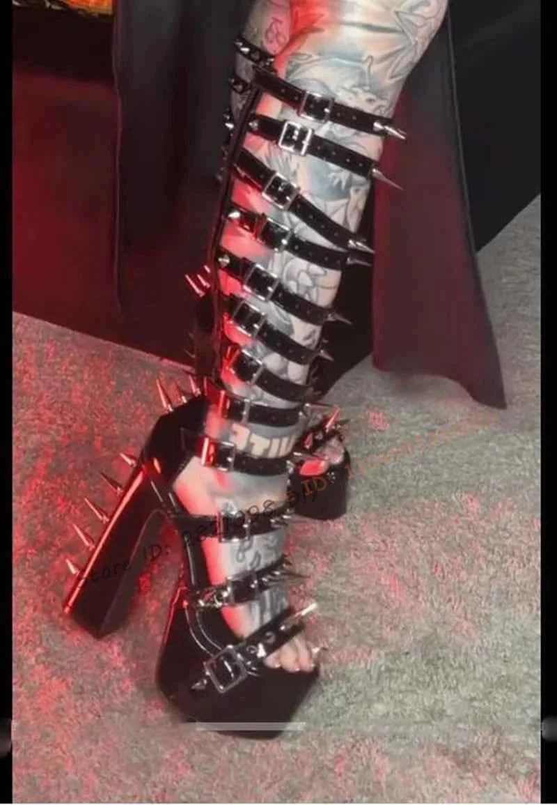 Punk Gladiator Summer Boots Women's Black Leather Studs