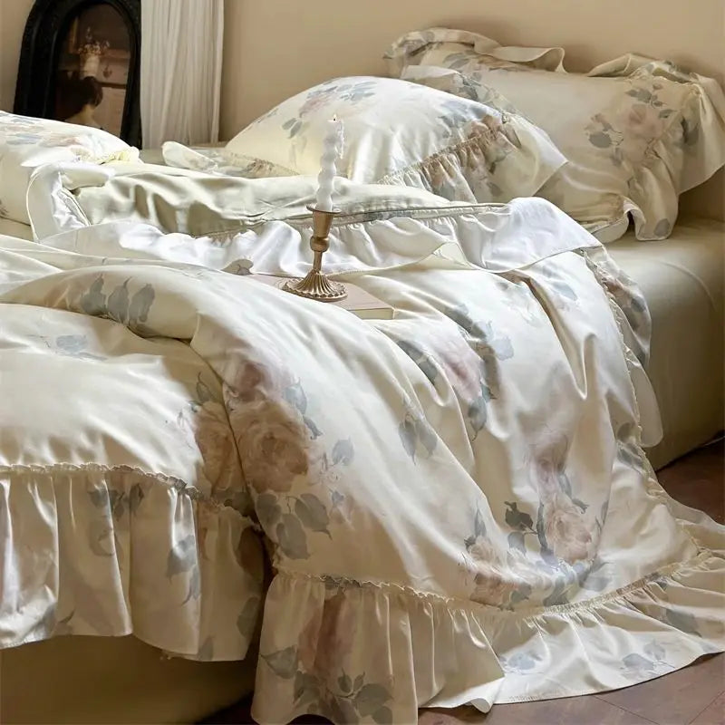 DecorBites™ French Rose Flowers Print Bedding Set, Elegant Ruffles Princess Collection