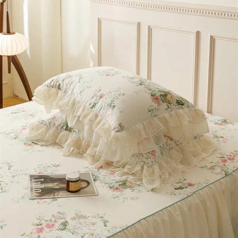 DecorBites™ French Country Flowers Print Bedding Set with Lace Ruffles