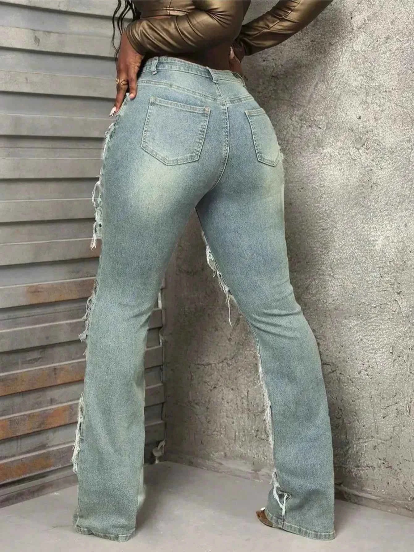 Y2K 90s Street Style Women's Vintage Fringed Distressed Flare Jeans