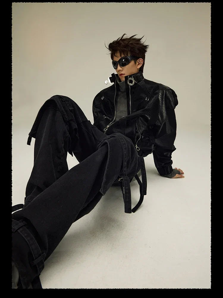 High Quality Crocodile Patchwork Pu Leather Coat Luxury Streetwear Men's Gothic Urban