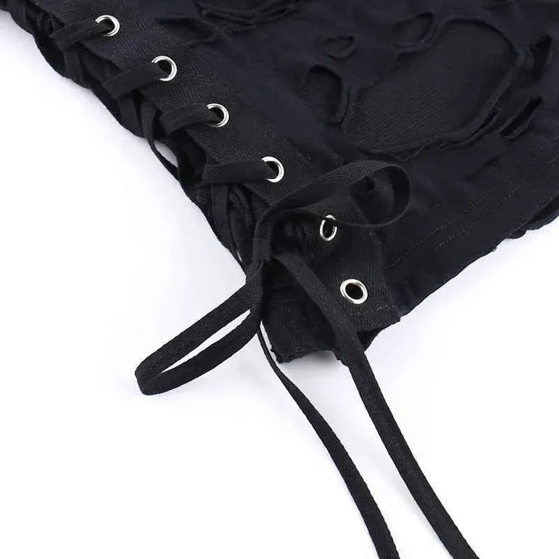 Gothic Crop Top T-Shirt for Women Sexy Fishnet Backless Steampunk