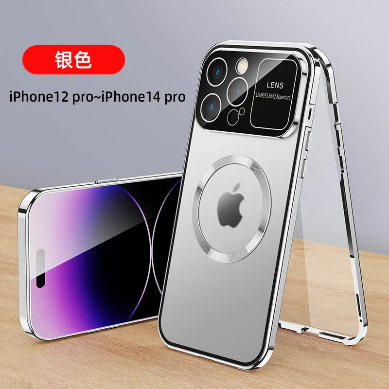 For iPhone 16 15 14 13 12 Pro Max Large Window Lens Protection Aluminum Metal Magnetic Case