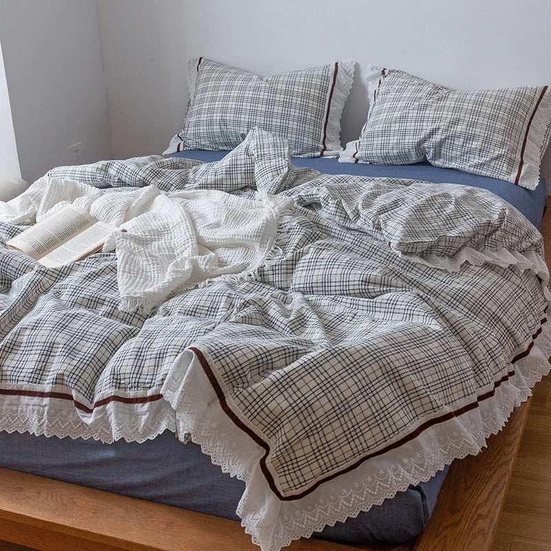 DecorBites™ Korean Seersucker Lace Ruffles Bedding Set for Girls