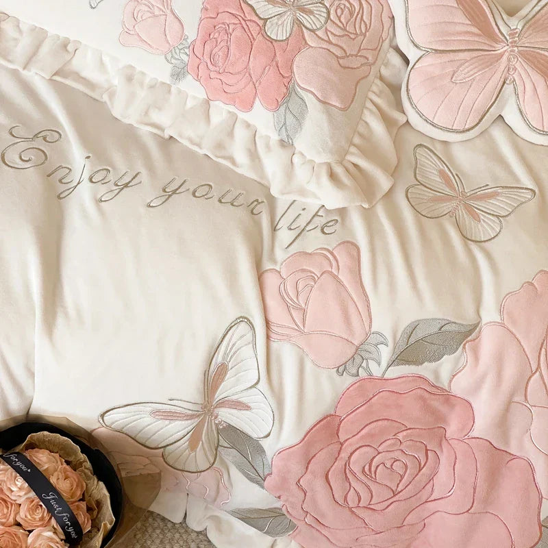 DecorBites™ Lace Ruffles Princess Duvet Set, Butterfly Flowers Embroidery, Cozy Bedding with Bed Sheet & Pillowcases