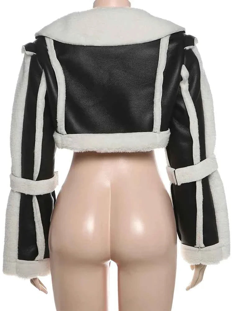 Furry Patchwork Women's Crop Jacket Warm Outwear Basic