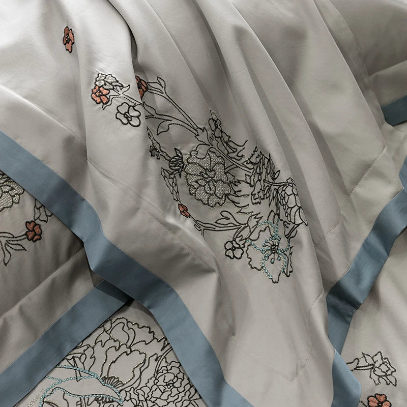 DecorBites™ Cotton Flowers Horse Embroidery Luxury Bedding Set - Duvet Cover, Bed Sheet, Pillowcases