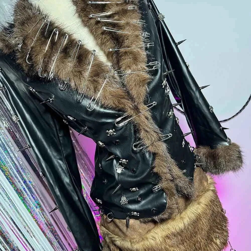 Grunge Goth Hand Made Punk Rock Studded Y2K Vegan Leather Faux Fur Jacket Pin