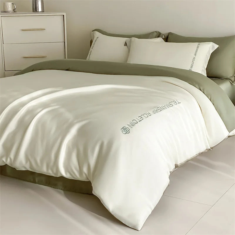 DecorBites™ Cotton Solid Color Bedding Set, Premium Quality Embroidery Quilt Cover, Single Bed.