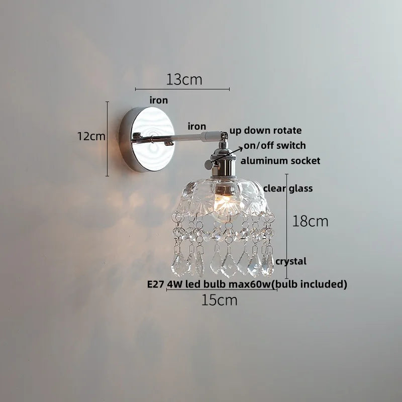 DecorBites™ Crystal Iron LED Wall Light Modern Bedside Lamp Clear Glass Wandlamp