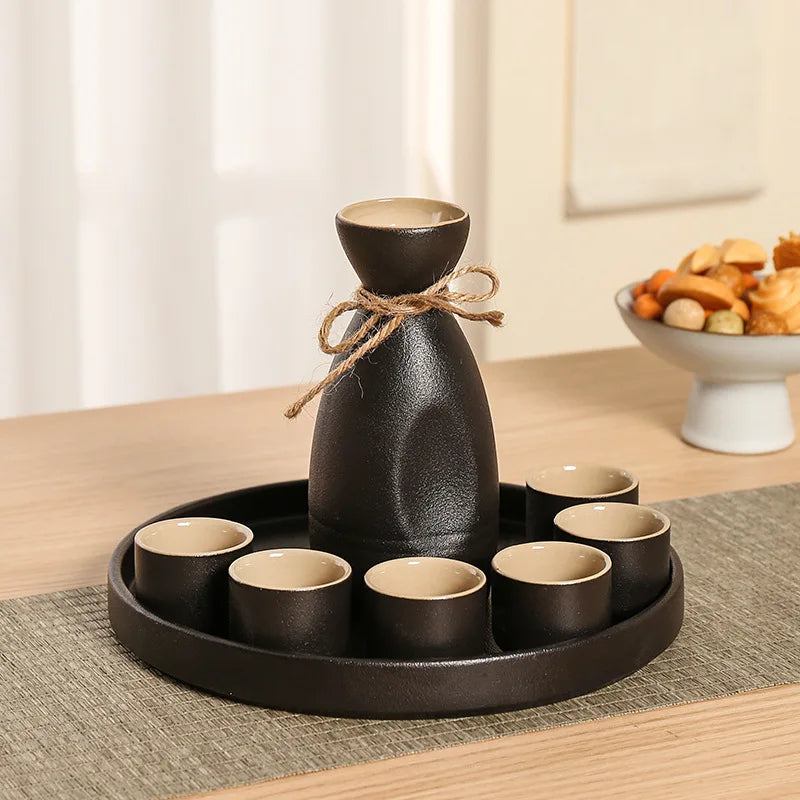 DecorBites™ Black Ceramic Wine Warmer & Sake Pot for Home, Handcrafted Japanese Design