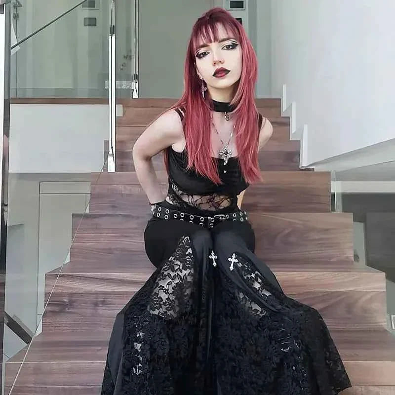 Goth Mall Flare Jeans Sexy Black Lace Patchwork High Waist Vintage Punk Grunge Streetwear