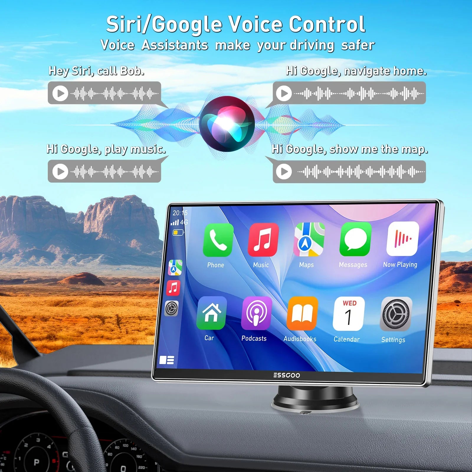 ESSGOO 9 Inch Touch Screen Portable Car Stereo Radio Wireless Apple Carplay Android Auto USB TF Bluetooth Mirror Link