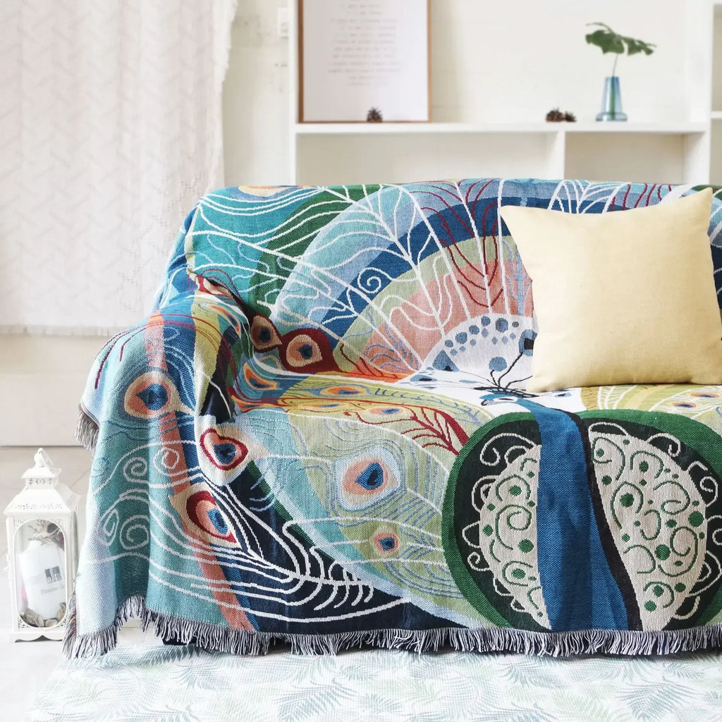 DecorBites™ Knit Sofa Blanket Cover - Butterfly and Peacock Design for Single and Double Sofas.