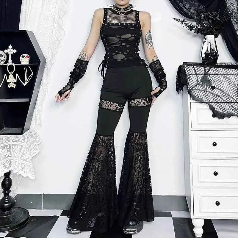 Gothic Crop Top T-Shirt for Women Sexy Fishnet Backless Steampunk
